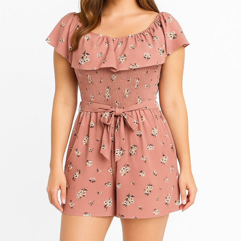 Derek Heart Pink Floral Ruffled Off-Shoulder Shorts Romper with Belt NWOT Summer